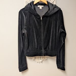Revamped Black Velvet Women's Hoodie Jacket Cropped Fits Med